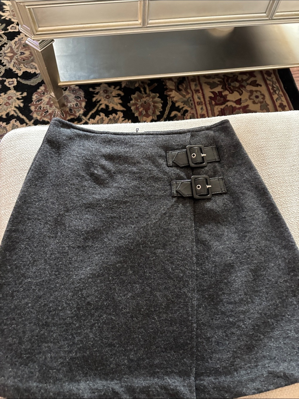 Cache Dark Gray Wool-Blend Mini Skirt with Buckle Detail